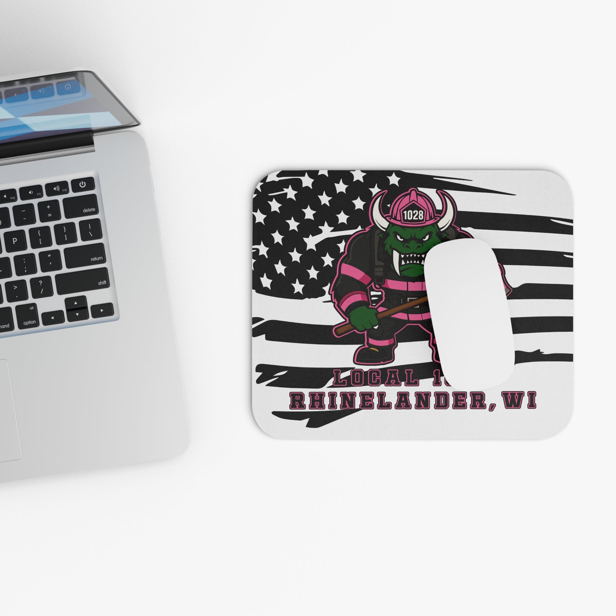 Rhinelander WI Local 1028 Firefighter Mascot Mouse Pad - American Flag Design