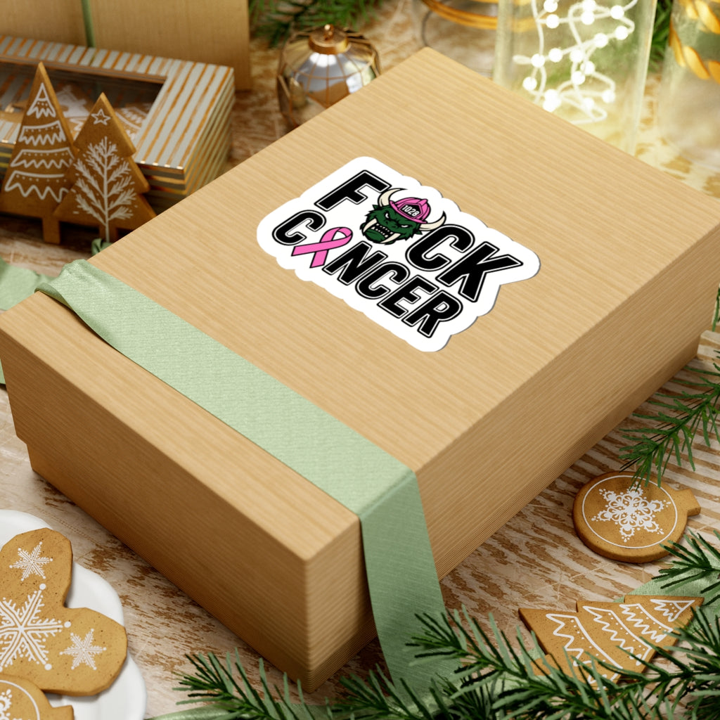 F*ck Cancer Kiss-Cut Sticker — Pink Ribbon Firefighter Viking Helmet Support