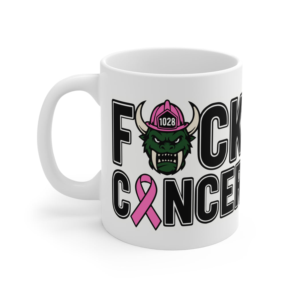 11oz Coffee Mug — "F*ck Cancer" Pink Ribbon Firefighter Helmet Design