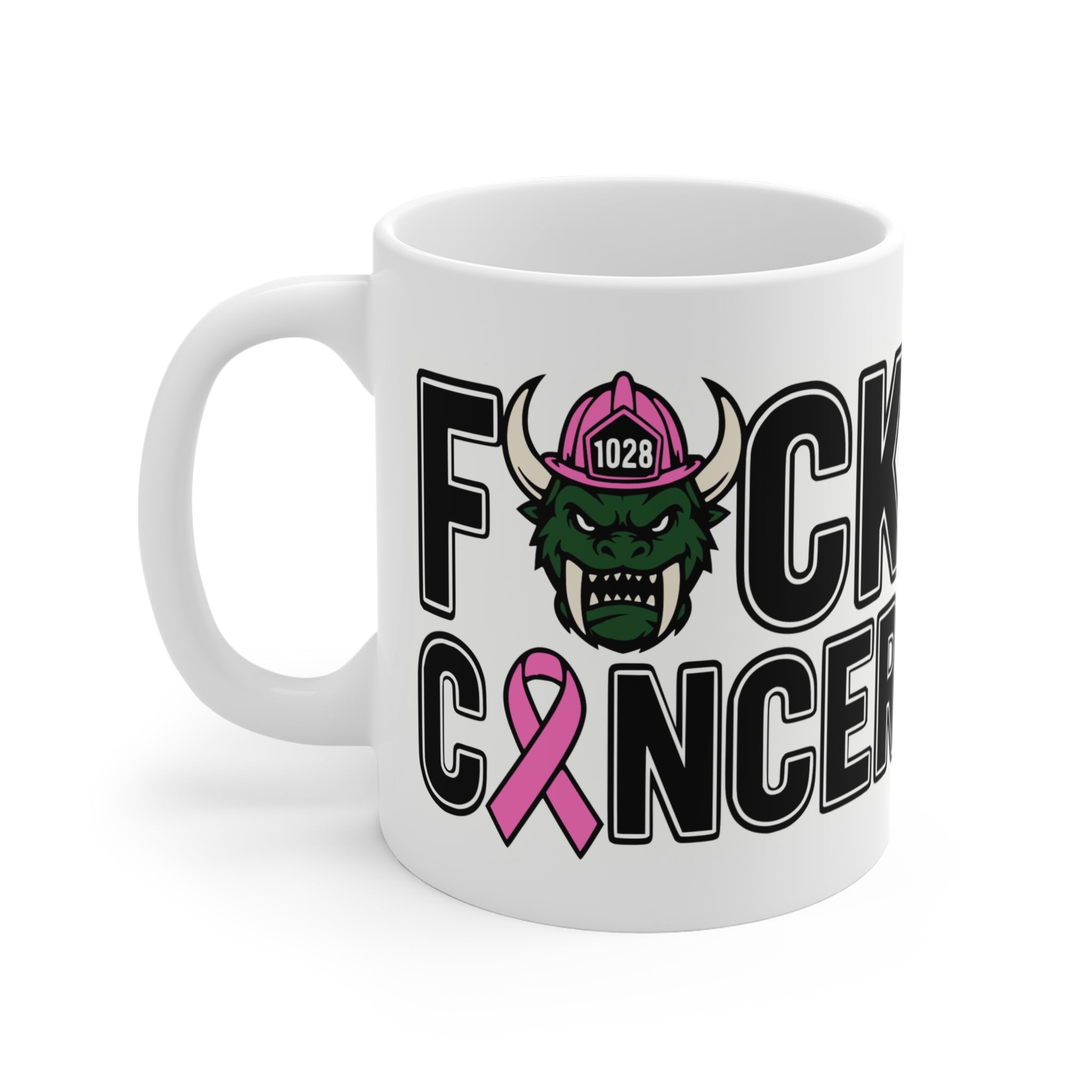 11oz Coffee Mug — "F*ck Cancer" Pink Ribbon Firefighter Helmet Design