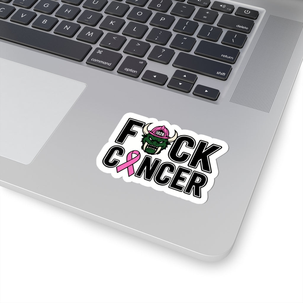 F*ck Cancer Kiss-Cut Sticker — Pink Ribbon Firefighter Viking Helmet Support