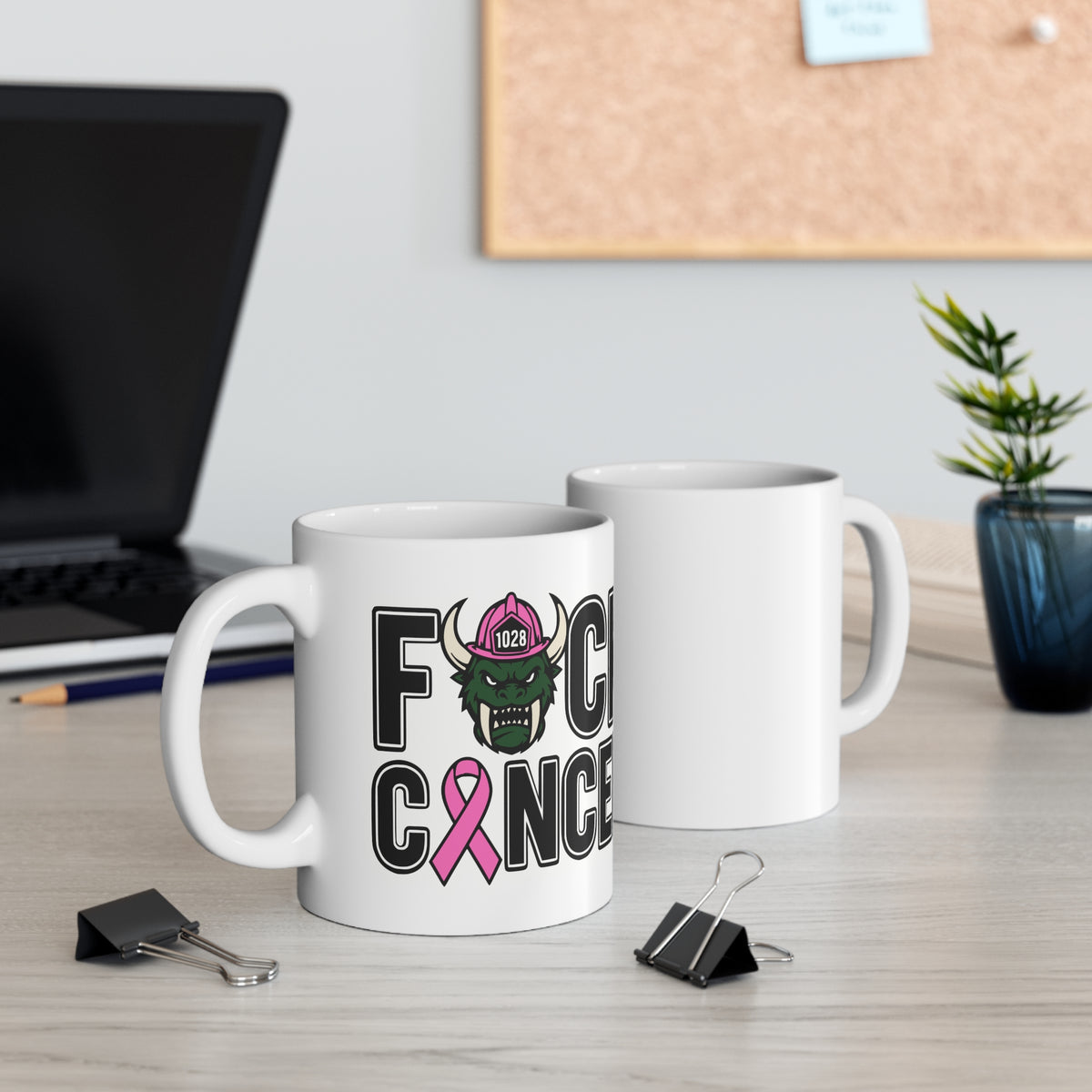 11oz Coffee Mug — "F*ck Cancer" Pink Ribbon Firefighter Helmet Design