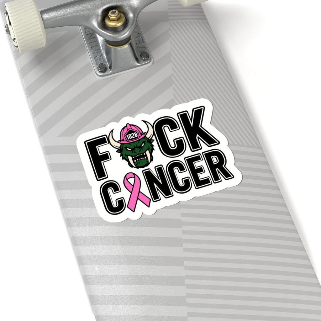 F*ck Cancer Kiss-Cut Sticker — Pink Ribbon Firefighter Viking Helmet Support