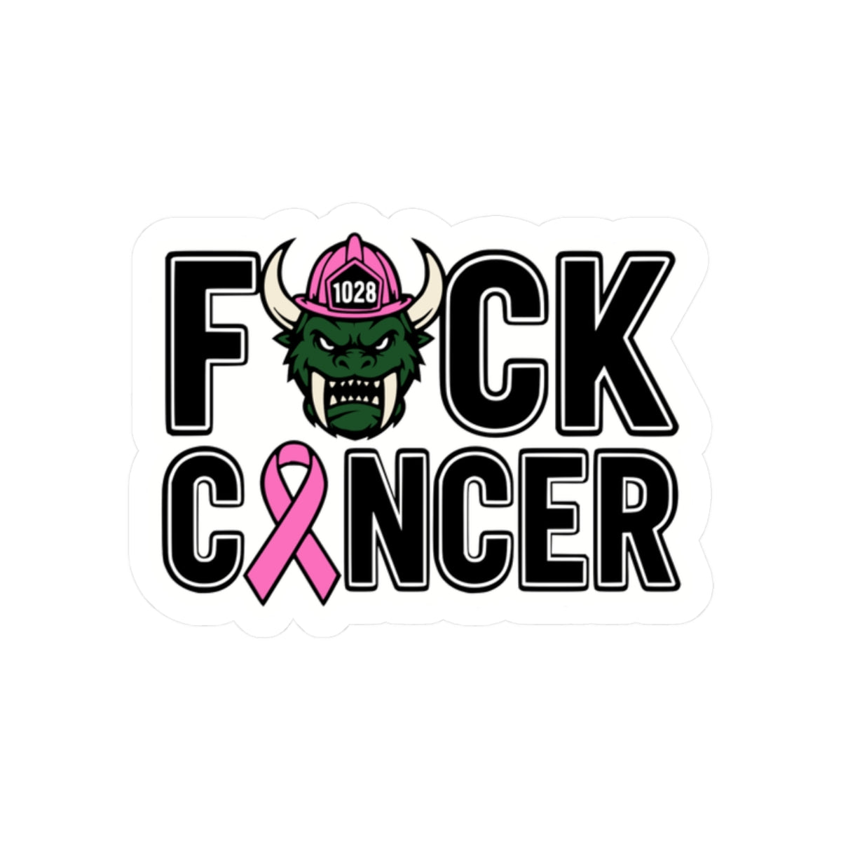 F*ck Cancer Kiss-Cut Sticker — Pink Ribbon Firefighter Viking Helmet Support