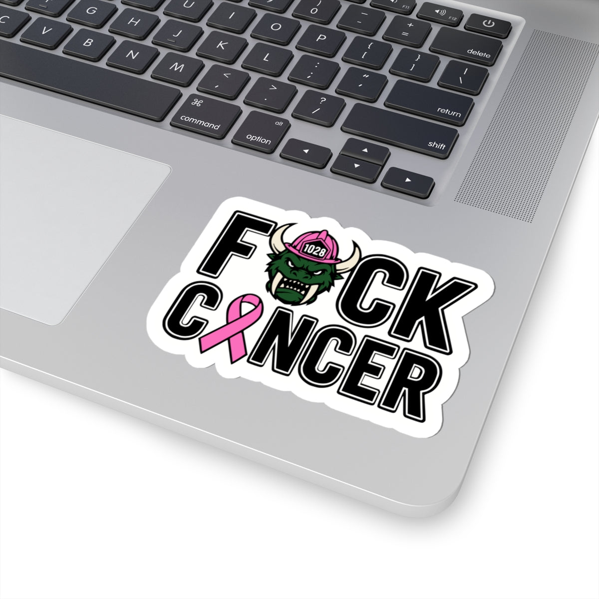F*ck Cancer Kiss-Cut Sticker — Pink Ribbon Firefighter Viking Helmet Support