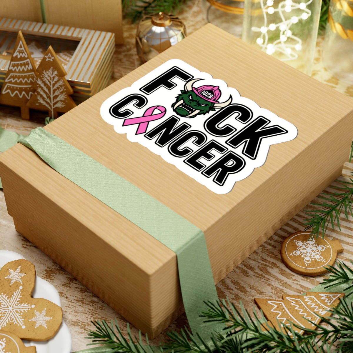 F*ck Cancer Kiss-Cut Sticker — Pink Ribbon Firefighter Viking Helmet Support