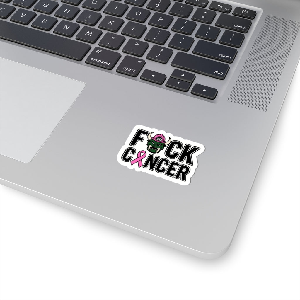 F*ck Cancer Kiss-Cut Sticker — Pink Ribbon Firefighter Viking Helmet Support