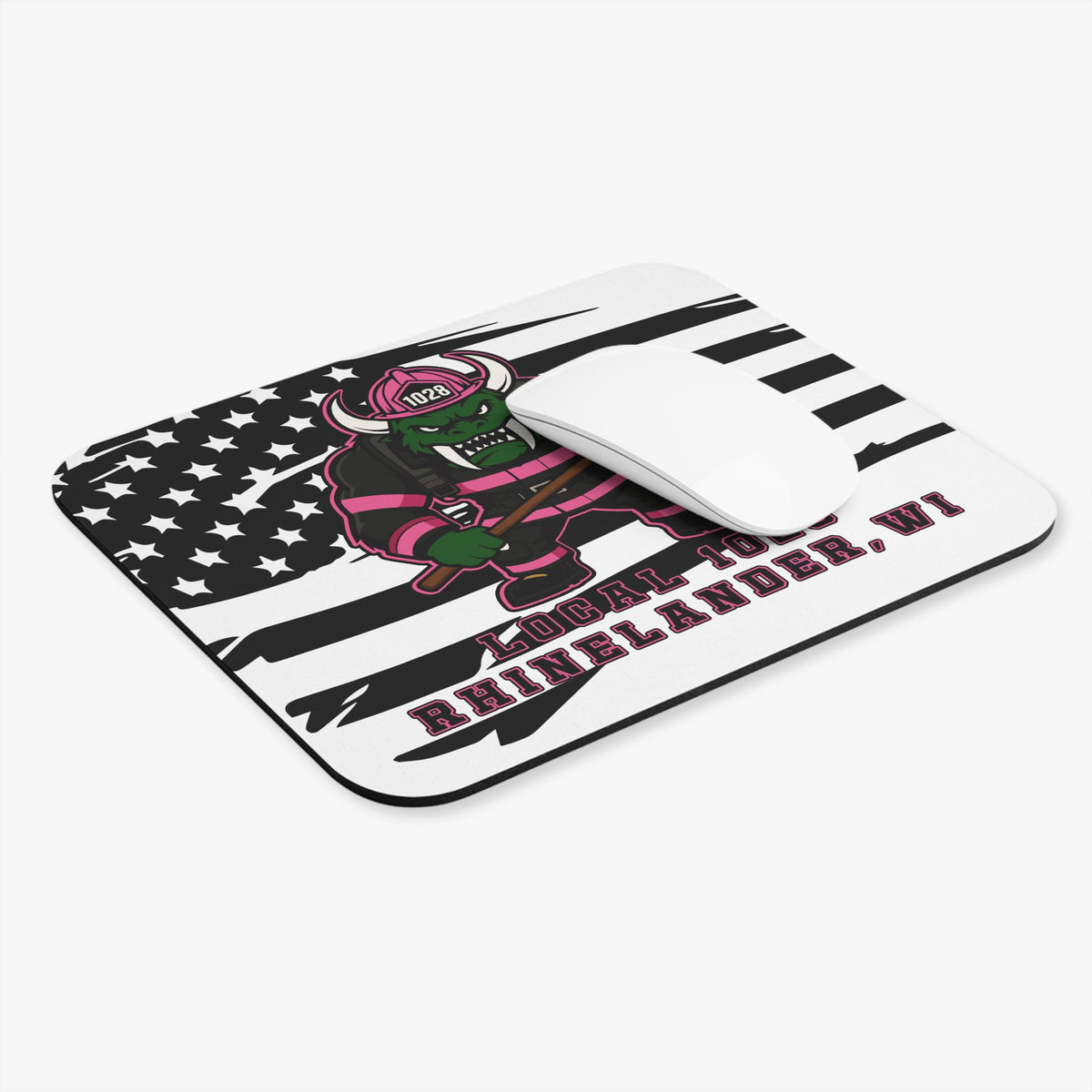 Rhinelander WI Local 1028 Firefighter Mascot Mouse Pad - American Flag Design